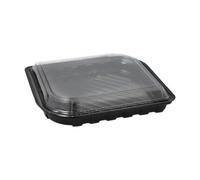 R-PET Lot de 600 bols à sushi rectangulaires 21 cm x 18 cm x 4,3 cm Noir avec couvercle transparent