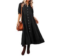 R.Vivimos Chemise Robe Femmes Longue Chic Elegant d'été plissée superposée Robe Midi à Manches mi-Longues et boutonnée(XL,Noir)
