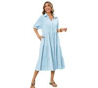 R.Vivimos Chemise Robe Femmes Longue Chic Elegant d'été plissée superposée Robe Midi à Manches mi-Longues et boutonnée(M,Bleu Ciel)