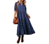 R.Vivimos Chemise Robe Femmes Longue Chic Elegant d'été plissée superposée Robe Midi à Manches mi-Longues et boutonnée(XL,NavyBlue)