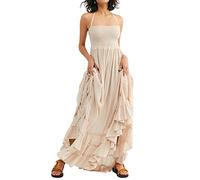 R.Vivimos Femme d'été Sexy Halter Robe Dos sans Manches Boho Plage Maxi Une Ligne Longue avec Volants