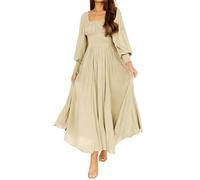 R.Vivimos Femmes Col Carré Manches Longues Maxi Robe Maternité Empire Taille Suisse à Pois Longue Robe Paysanne(M,Beige)