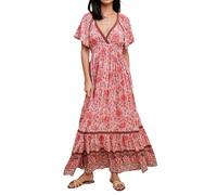 R.Vivimos Femmes D'été à Manches Courtes Col en V Robe Bohème Fleur Patch Robe Taille Empire A Ligne Volants Robe Longue(M,Pink)