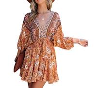 R.Vivimos Femmes D'été Bohème Col en V Imprimé Robes Courte Dos Découvert Volants Vacances Plage Balançoire Mini Robe(L,Orange)