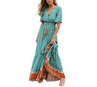R.Vivimos Femmes D'été Cou en V Bouton à Manches Courtes Robe Bohème Fleur Longue Robe A Ligne Volants Longue Plage Robe(L,Green)