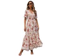 R.Vivimos Femmes D'été Cou en V Bouton à Manches Courtes Robe Bohème Fleur Longue Robe A Ligne Volants Longue Plage Robe(M,WhitePink)