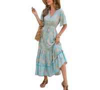 R.Vivimos Femmes D'été Cou en V Manches Courtes Robe Bohème Robe Florale A Ligne Robe Longue Plage(M,SkyBlue-Floral)