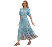 R.Vivimos Femmes D'été Cou en V Manches Courtes Robe Bohème Robe Florale A Ligne Robe Longue Plage(M,AquaBlue)