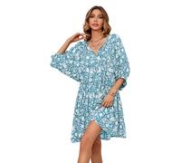 R.Vivimos Femmes D'été Lanterne Manches V Cou Robe Bohème Fleurs Mini Robe Casual Coton Robes Courte(M,LightBlue)
