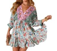 R.Vivimos Femmes Été Boho V Col Florale Robe Courte sans Dos Ruffle Plage Swing Mini Robe(L,LightGreen)
