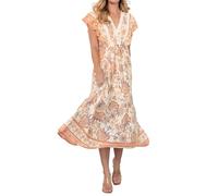 R.Vivimos Femmes été Midi Robe V Cou à Manches Courtes Empire Taille Florale Robe de Vacances de Plage(S,White)