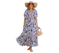 R.Vivimos Femmes été Sexy Profond Col en V Robe Bohème Fleurs à Dos Découvert Robe De Midi Robe Longue Plage(L,Beige)