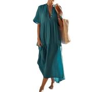 R.Vivimos Femmes été V Col Chemise Manches Courtes Robe Robe De Plage Longue Robe Maxi Décontractée(XL,Teal)