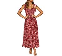 R.Vivimos Robe d’été pour Femmes à Bretelles Spaghetti Boho Robe Midi Robe Longue Plage à Pois sans Manches(L,Red)