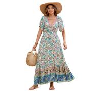 R.Vivimos Robe d'été à manches courtes et col en V pour femme, robe patchwork floral bohème, taille empire, robe longue à volants, Vert, M