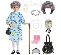 RAAIBB Costume de vieille dame pour fille - 100 jours d'école - Robe à fleurs bleues - Accessoires complets - Taille M (6-7 ans)