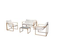 CONCEPT USINE | Salon de Jardin Bas 4 Places Effet Bois | Design Rabat Marron | Ensemble : 1 Canapé + 2 Fauteuils + 1 Table Basse | Acier + Verre Trempé | Robuste & Confortable | 3 Coussins Inclus