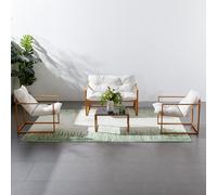 CONCEPT USINE | Salon de Jardin Bas 4 Places Effet Bois | Design Rabat Marron | Ensemble : 1 Canapé + 2 Fauteuils + 1 Table Basse | Acier + Verre Trempé | Robuste & Confortable | 3 Coussins Inclus