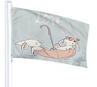 Rabbit Flag 3x5 FT Cute Easter Bunny in Umbrella Raindrop Butterfly Flower Outdoor Flags Large Welcome Yard Banners Home Garden Yard Lawn Decor Grey Pink