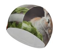 Rabbit is Eating Vegetables Bonnet de bain unisexe pour adulte Bonnet de piscine antidérapant Confortable Durable Facile à mettre et à enlever Bonnet de bain imperméable Garde les cheveux au sec