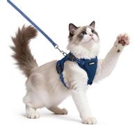 rabbitgoo Harnais pour Chat avec Laisse, Boucle de Cou, Bleu Marine, M | Anti Fugue, Sans Passage par Tête, 3 Régulateurs de Sangle Verrouillables, Maille Douce, Réfléchissant, pour Chat Petit Moyen