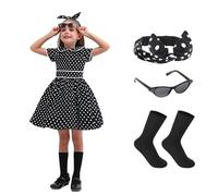 Rabtero Robe vintage des années 50 pour fille, costume rétro des années 50 pour fille, robe à pois avec bandeau, lunettes et chaussettes, noir cool, 7-8 ans