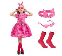 Rabtero Robe vintage des années 50 pour fille, costume rétro des années 50 pour fille, robe à pois avec bandeau, lunettes et chaussettes, rose rouge, 5-6 ans