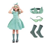 Rabtero Robe vintage des années 50 pour fille, costume rétro des années 50 pour fille, robe à pois avec bandeau, lunettes et chaussettes, vert émeraude, 7-8 ans
