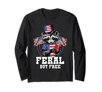 Raccoon Feral But Free 4th of July Patriotic US America Flag Manche Longue