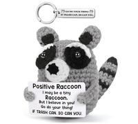 Raccoon Positive, Porte Clé, Peluche Poupées avec Carte Positive, Mini Motivantes Tricotée Raccoon, Anniversaire Cadeau Rigolo pour Une Amie Famille Collègue Couple Femme Homme