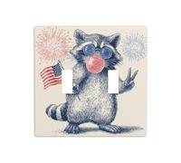 Raccoon tenant un petit drapeau américain double gang plaque murale interrupteur décoratif taille standard - 11,4 x 11,4 cm