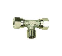 Raccord à visser en T R 3/8 A. Diamètre extérieur du tube : 10 mm. SW 13, SW1 19, pression de fonctionnement max. 60 bar. Température max. 150 °C. MS vern.