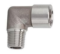 Raccord coudé intérieur/extérieur G/R 1/2, pression de fonctionnement max. 150 bar, température de fonctionnement : -20 °C à 150 °C, acier inoxydable 1.4404.