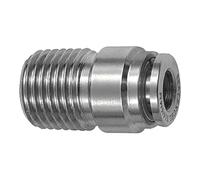 Raccord droit avec corps rond, R 3/8 a, pour tuyau extérieur Ø 8 mm, pression de travail max. 20 bar, acier inoxydable 1.4404.