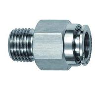 Raccord droit hexagonal extérieur R 3/8 a pour tuyau Ø 12 mm, pression de travail max. 20 bar, acier inoxydable 1.4404.