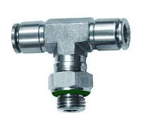 Raccord en T rotatif G 1/4 A pour tuyau extérieur Ø 12 mm, pression de travail max. 20 bar, acier inoxydable 1.4404