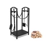 Rack à bois en métal, rack de rangement à bois multifonctionnel à double couche, LINFE, comprend 4 accessoires pour cheminée, noir