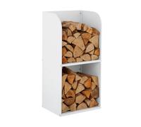 Rack à bois Relaxdays, H x L x P : 80 x 40 x 30 cm, 2 compartiments, support à bois pour feu, bois empilé, fer, blanc