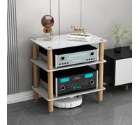 Rack audio à 3 niveaux avec étagères en verre trempé et pieds en bois absorbant les chocs - Armoire de rangement multimédia pour home cinéma et divertissement (blanc)