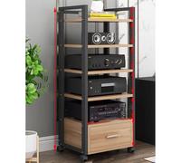 Rack audio HiFi avec tiroir et roues, support de composants stéréo multicouche, nizer mobile, cadre en acier, étagère audio pour salon (noir et noyer, 60,2 x 40 x 120 cm)