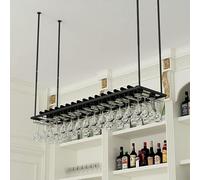 Rack d'affichage à vin monté sur le plafond, porte-bouteille suspendue avec porte-verre en verre Décoration de vent industrielle étagère à vin flottante, hauteur réglable, 60x27x8cm Made in China