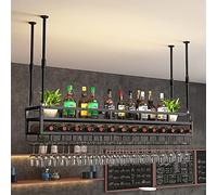 Rack de vin suspendu à hauteur, porte-bouteille à vin au plafond en métal, porte-bouteille à vin industriel à 2 couches avec support en verre, armoires à vin vintage, pour le bar / café de cuisine