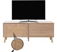 Meuble TV HWC-M38, Buffet TV Armoire TV Commode, Porte à tiroir, Kubu rotin Bois 56x140x41cm chêne-Optique
