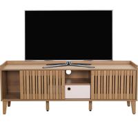 Rack TV HWC-M48, Buffet bas Armoire TV, Porte coulissante 56x150x40cm ~ naturel, Tiroir blanc