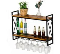 Racks à vin montés Mur des supports à vin industriels montés avec un porte-verre à 6 tiges, un porte-vin suspendu en métal rustique accessoires de vin, 2, niveaux Mur Mount étagères en bois Mur,