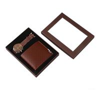 Rackumic Ensemble montre à quartz pour homme et mari - Avec portefeuille en cuir - Boîte de présentation élégante - Cadeau idéal pour la fête des pères et un anniversaire - Noir et gris brunâtre (A)