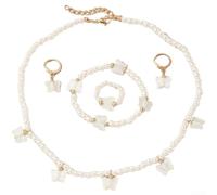 Rackumic Parure de bijoux en perles blanches avec nœud pour filles et | Lot de 5 pièces coordonnées, motif nœud, perles d'imitation, artisanat fait main, finition de couleur blanche