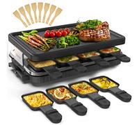 Raclette 8 Personen Raclette Grill Tischgrill Elektrisch 8 Pfännchen 8 Raclette Holzspatel Korean BBQ Grill Elektrogrill Antihaftbeschichteter Regulierbare Temperatur 1300 Watt, Schwarz