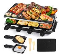 Raclette 8 personnes - Revêtement antiadhésif - Appareil à raclette électrique avec 8 mini poêlons à raclette - 8 spatules en bois - Barbecue électrique - Cadeau - Râpe - Appareil à raclette pour 4, 6