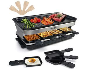 Raclette Appareil Raclette Grill 4 6 8 Personnes Machine Fondue Electrique Raclettes 1500 W avec Anti-adhésives de Poignées 8 Mini Poêles, 4 Spatule en Bois